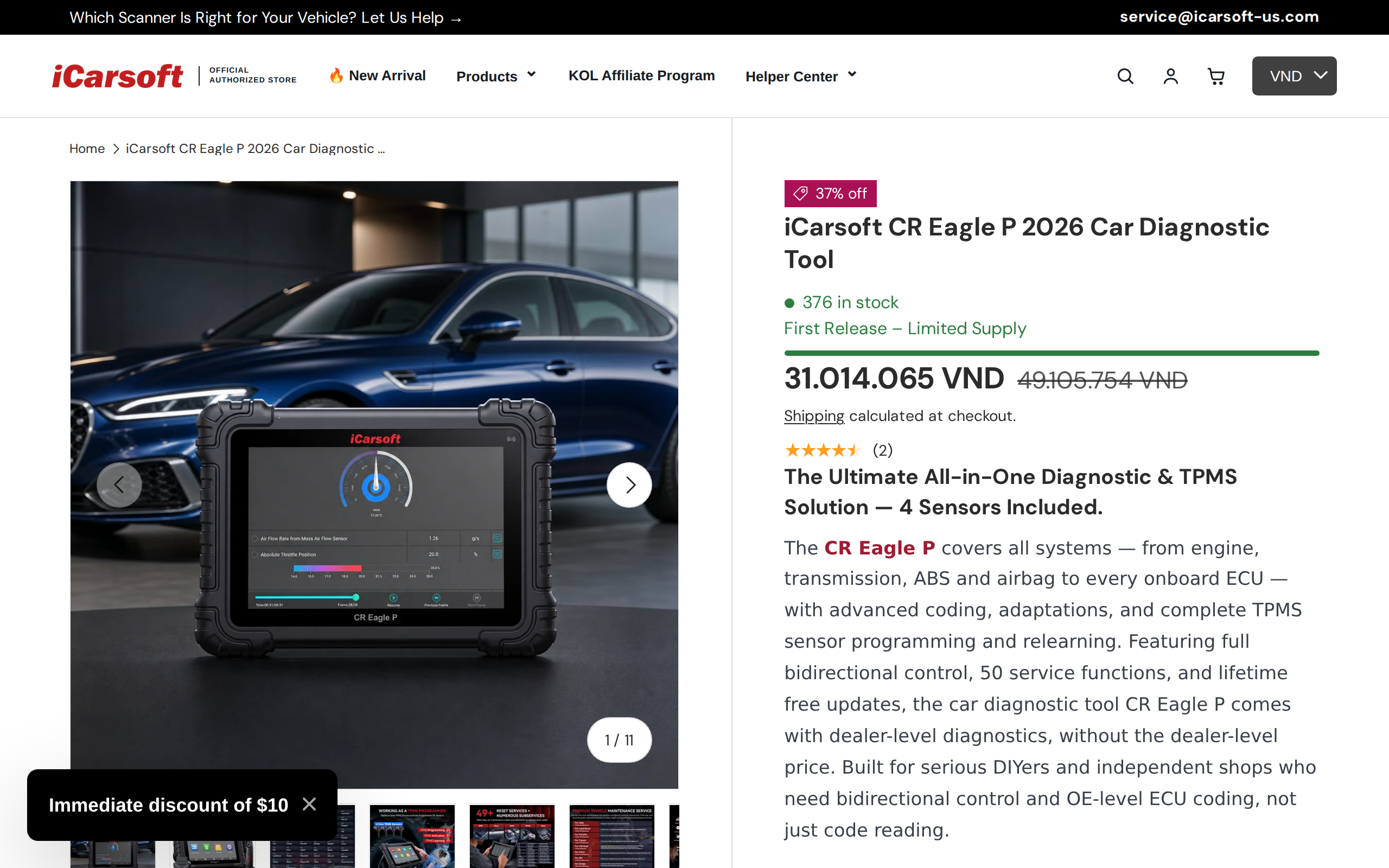 The iCarsoft CR Eagle P 2026 product page headline with the diagnostic tablet shown in the product gallery