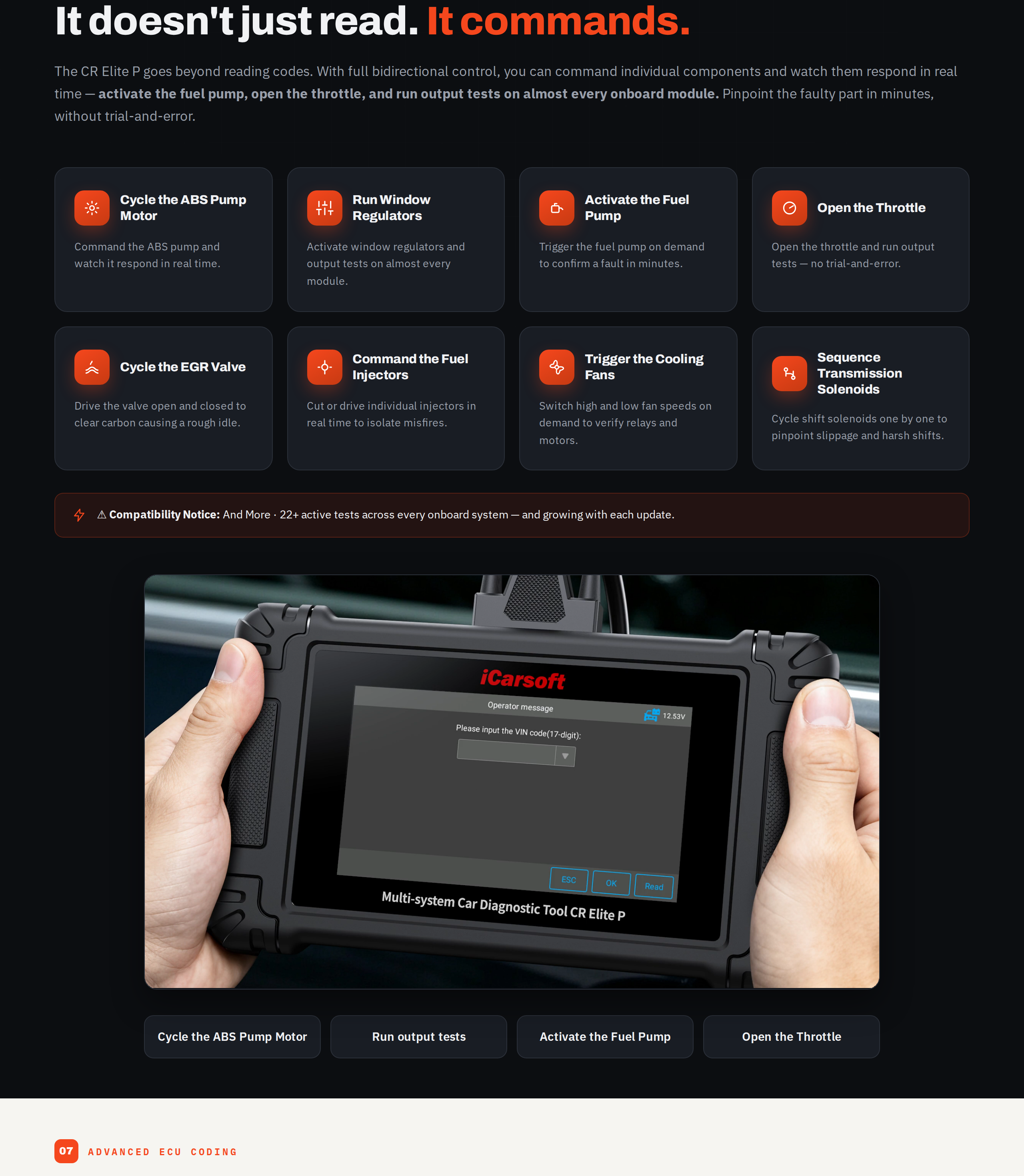The Advanced Bi-Directional Control section listing ABS pump, fuel pump, throttle, EGR and injector tests