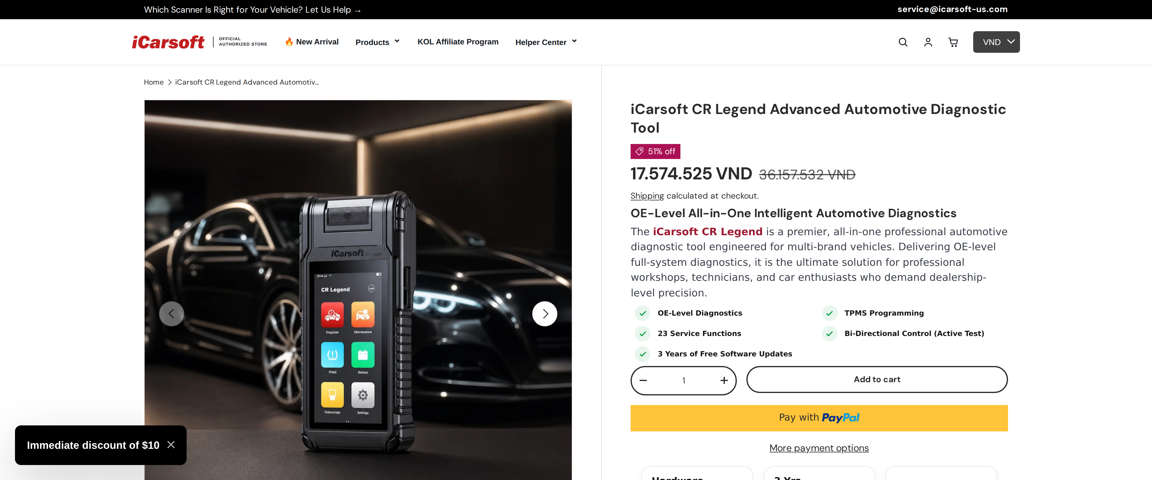 The iCarsoft CR Legend product page with the tablet photographed beside its case, titled advanced automotive diagnostic tool