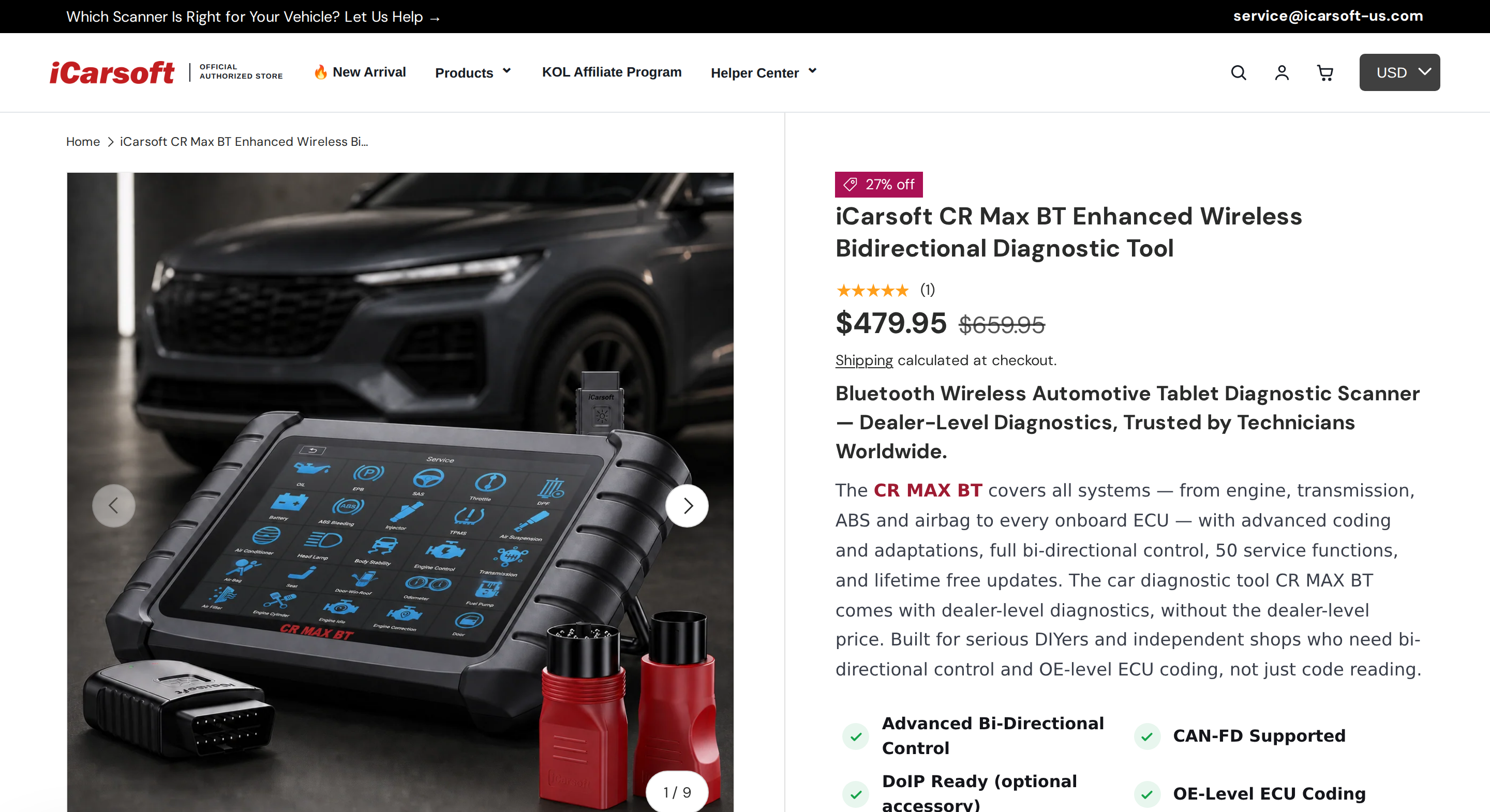 iCarsoft CR Max BT Enhanced product page with the wireless tablet, a $479.95 price and the 50 service functions badge
