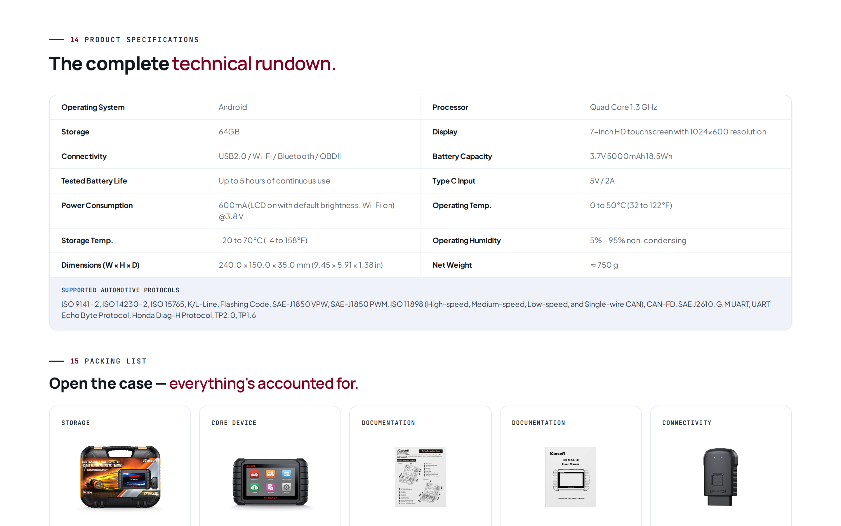 Specifications table for the CR Max BT listing Android, 7-inch display, Bluetooth, battery life, weight and protocols