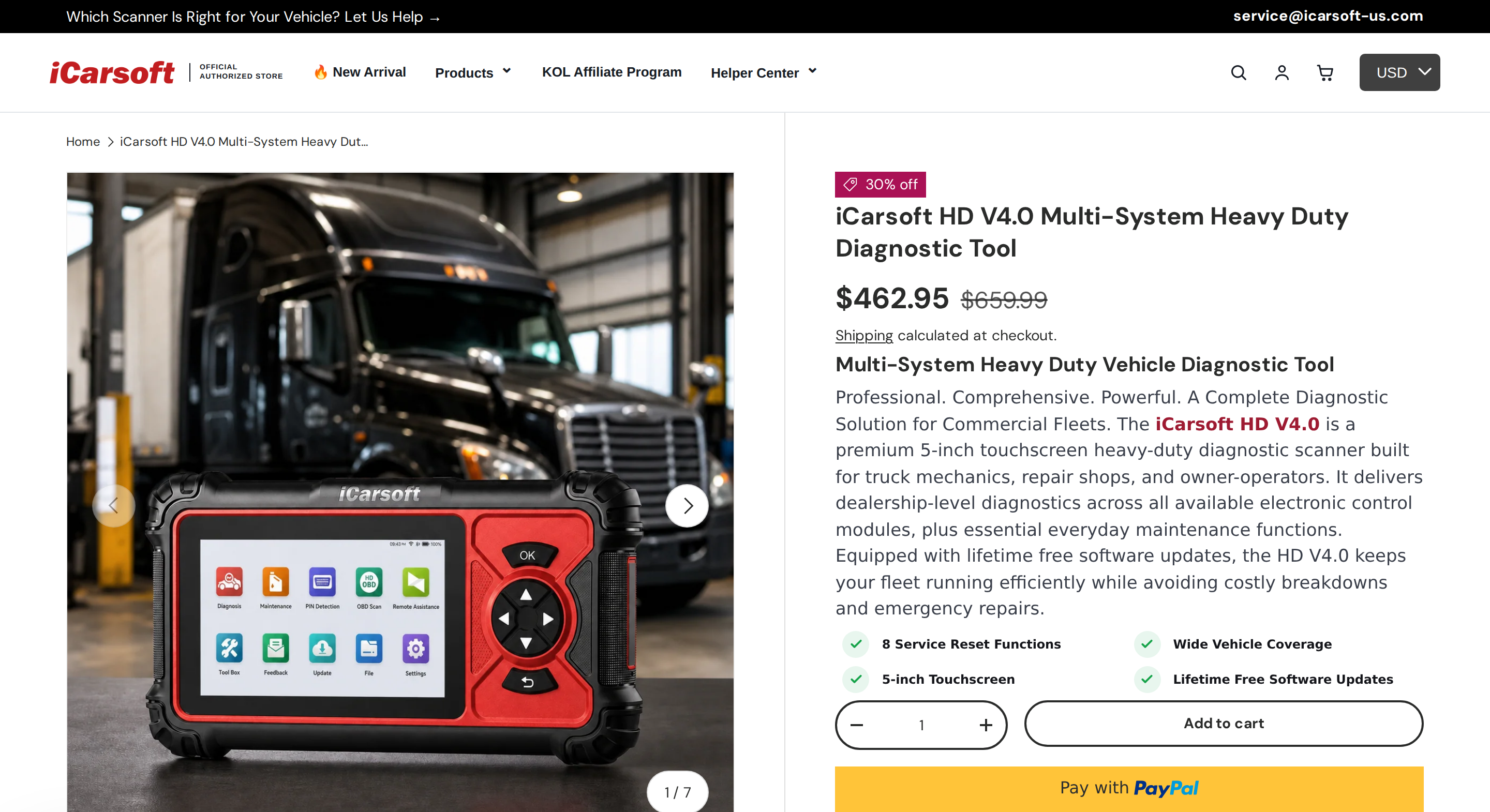 iCarsoft HD V4.0 product page with the heavy-duty scanner, the $462.95 price and the badges for 8 service reset functions and the 5-inch touchscreen