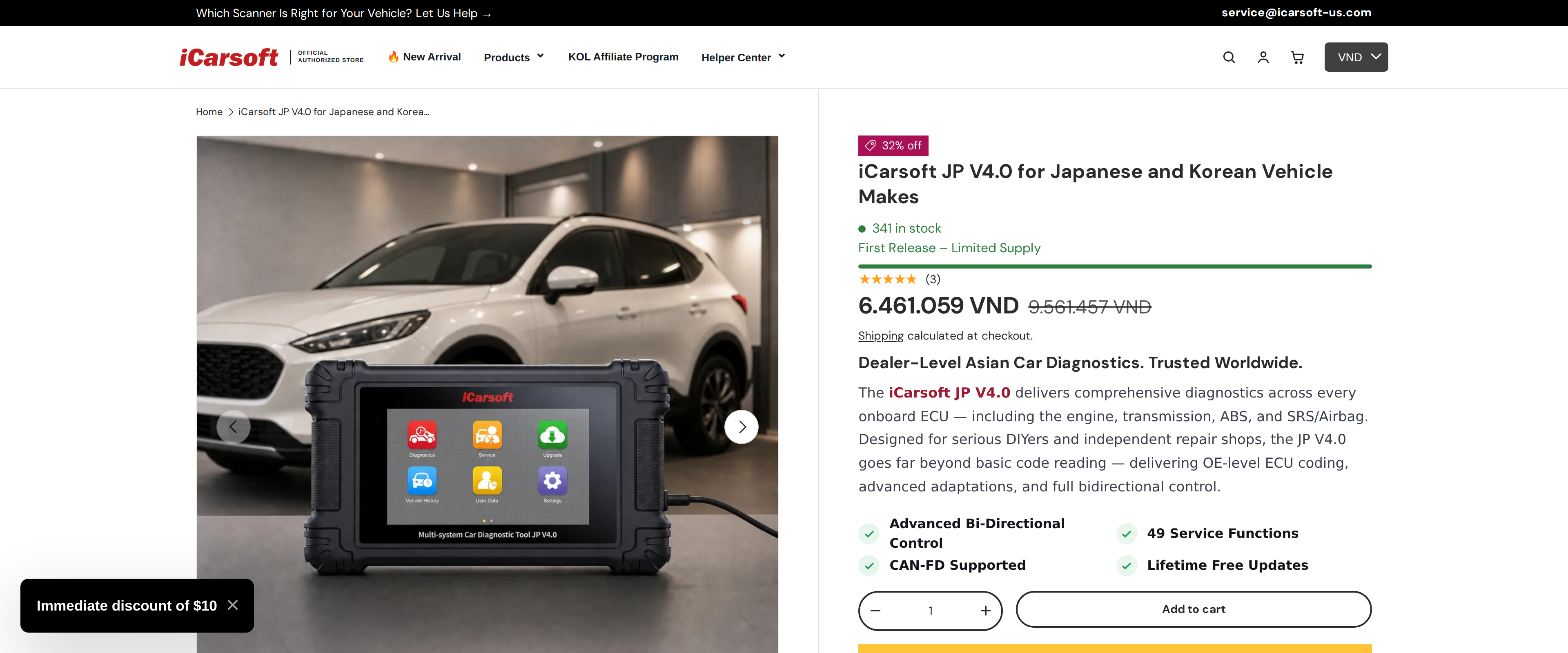 The iCarsoft JP V4.0 product page showing the scanner and the title for Japanese and Korean vehicle makes