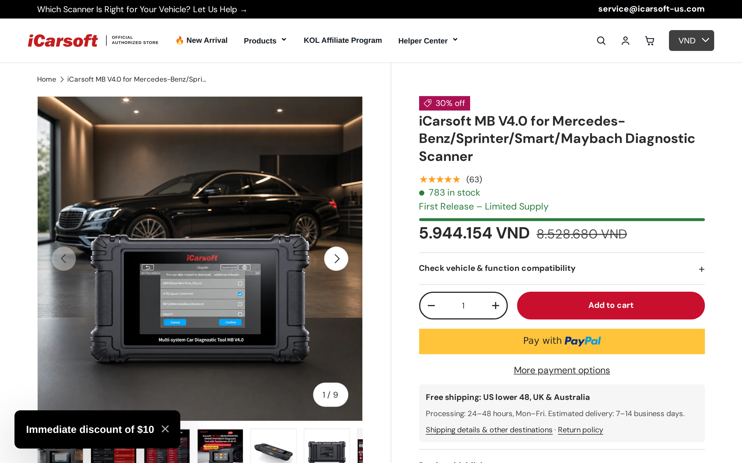 The iCarsoft MB V4.0 product page for Mercedes-Benz, Sprinter, Smart and Maybach with the scanner in the gallery