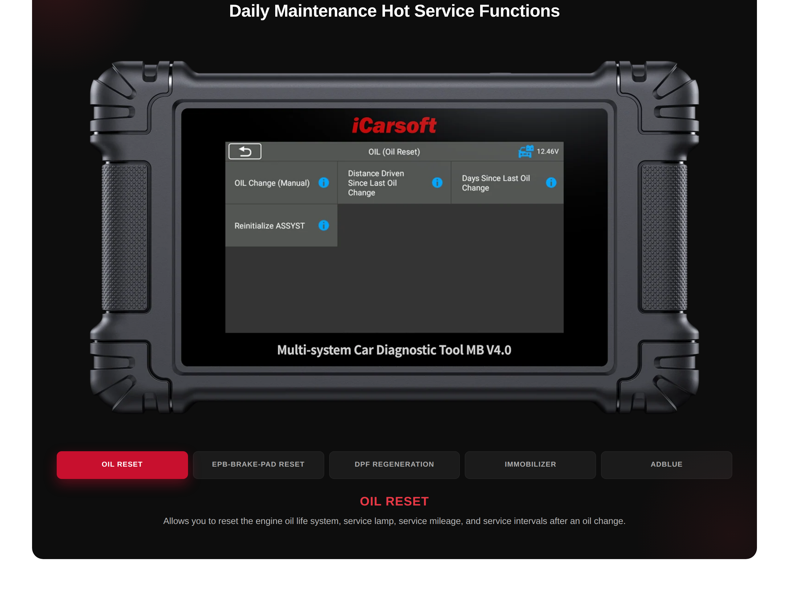 Daily maintenance hot service functions on the MB V4.0 page, including oil, throttle, brake pad, steering angle and battery resets