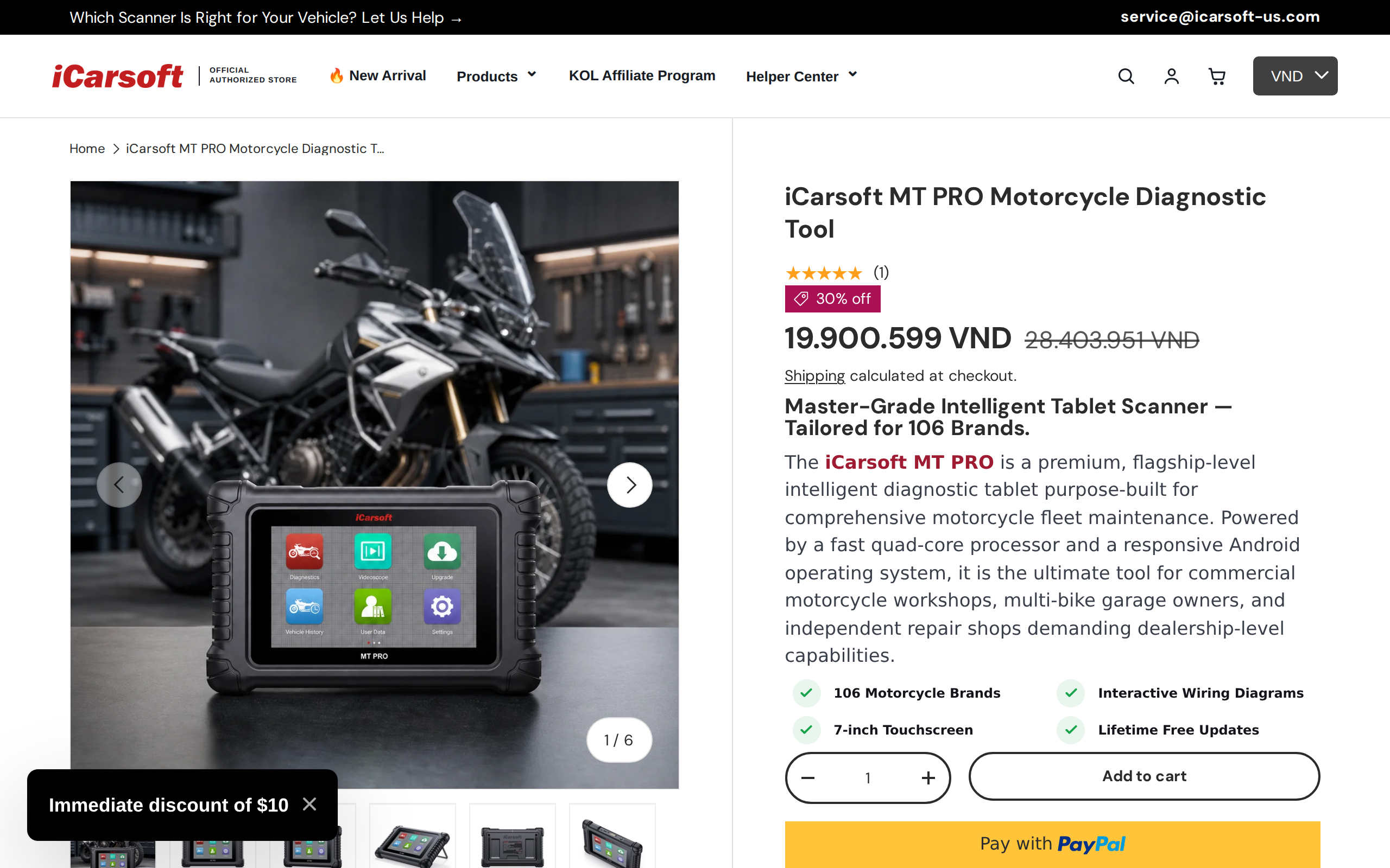 The iCarsoft MT PRO motorcycle diagnostic tool product page with the 7-inch tablet and cable kit in the gallery