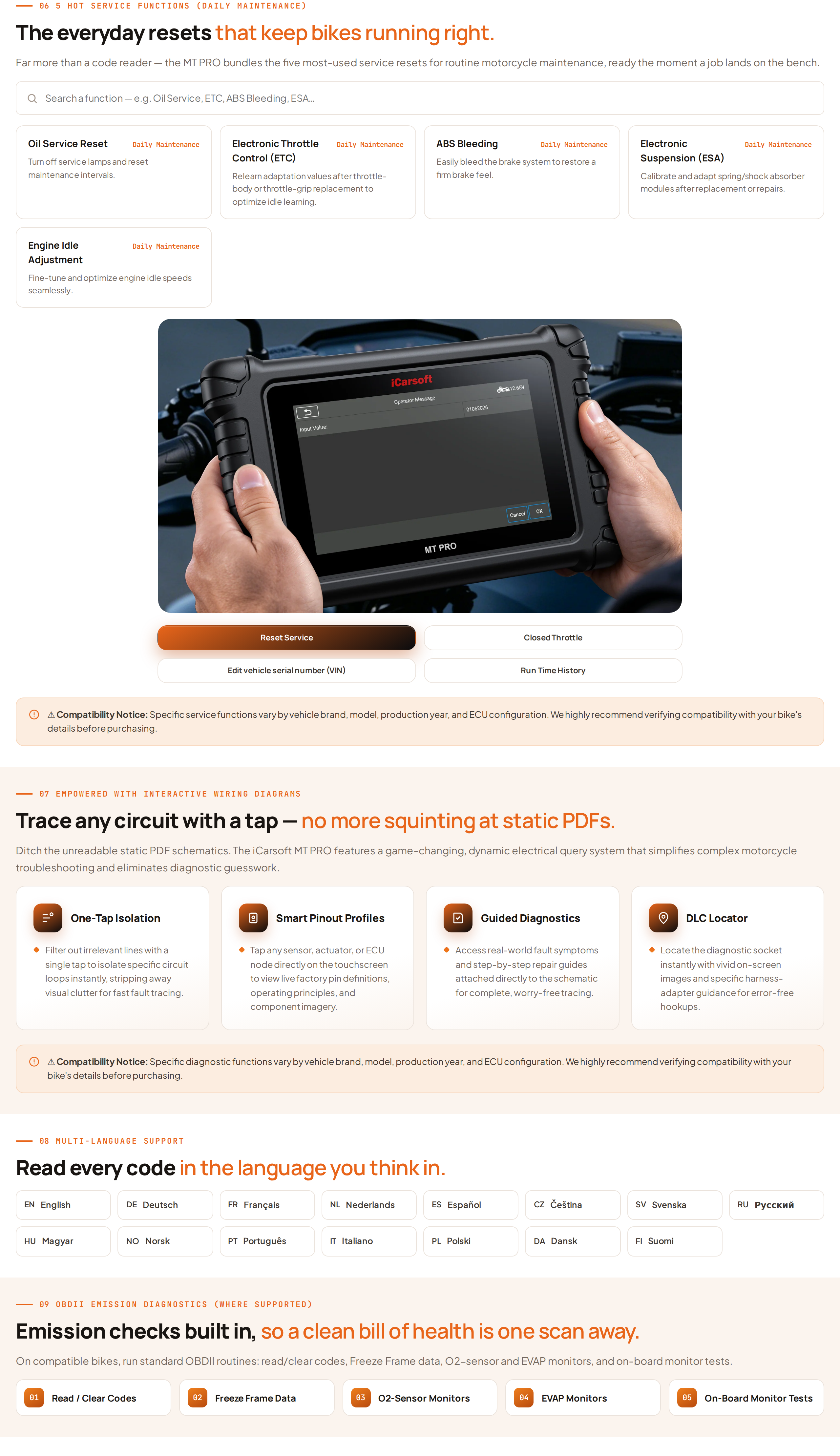 The MT PRO page showing five hot service functions and the interactive wiring diagram feature descriptions