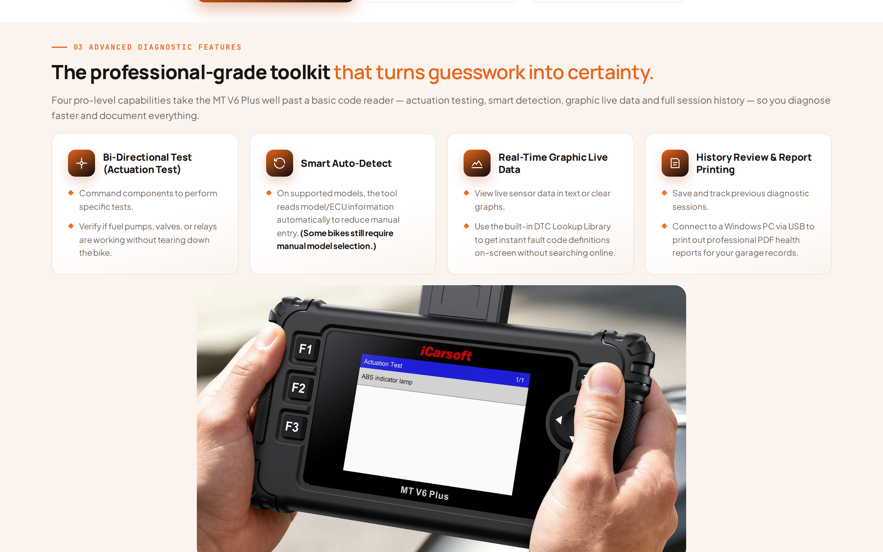 Advanced diagnostic features section describing bi-directional tests, smart auto-detect, graphic live data and history review