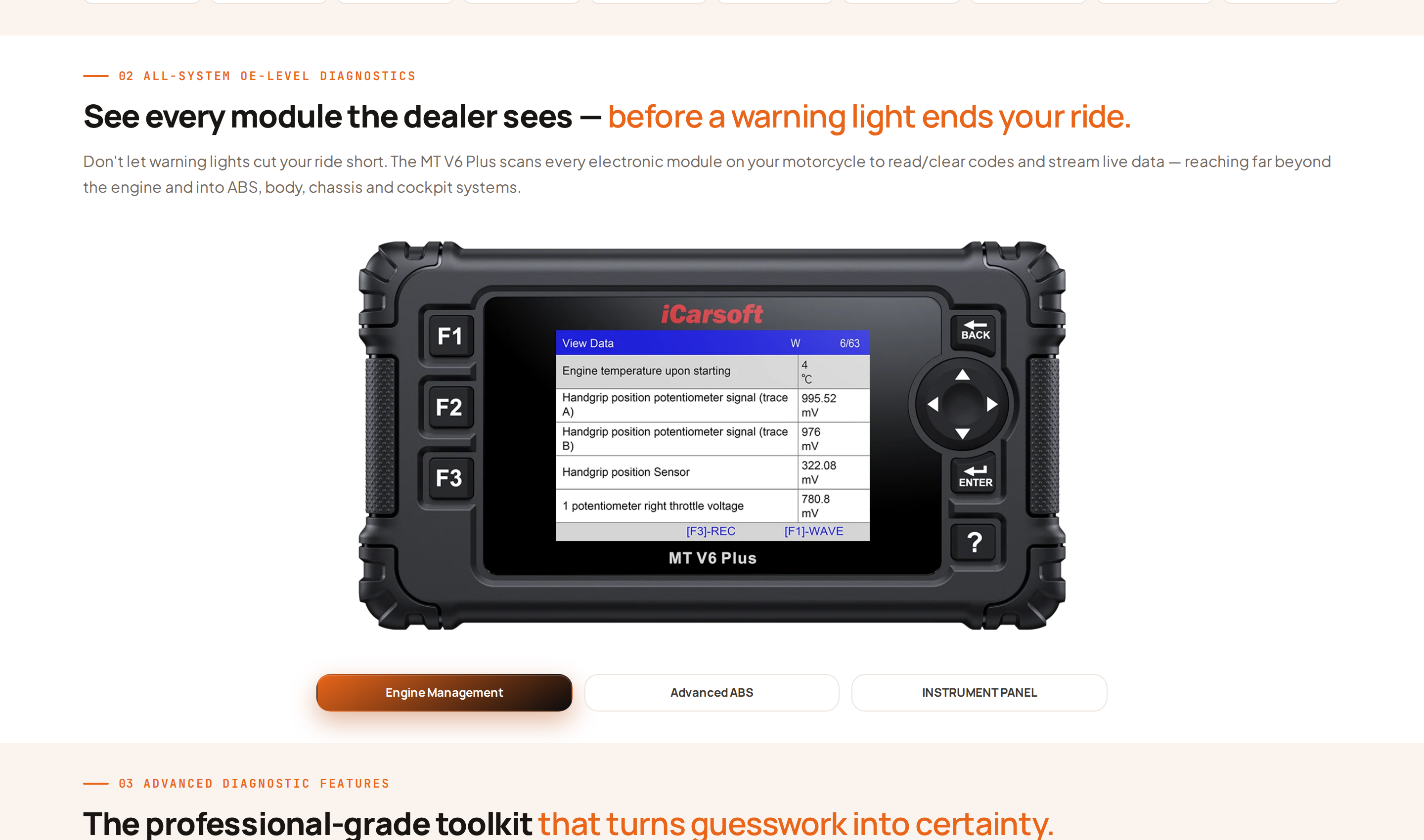 Section on all-system diagnostics with labels for engine management, advanced ABS and instrument panel