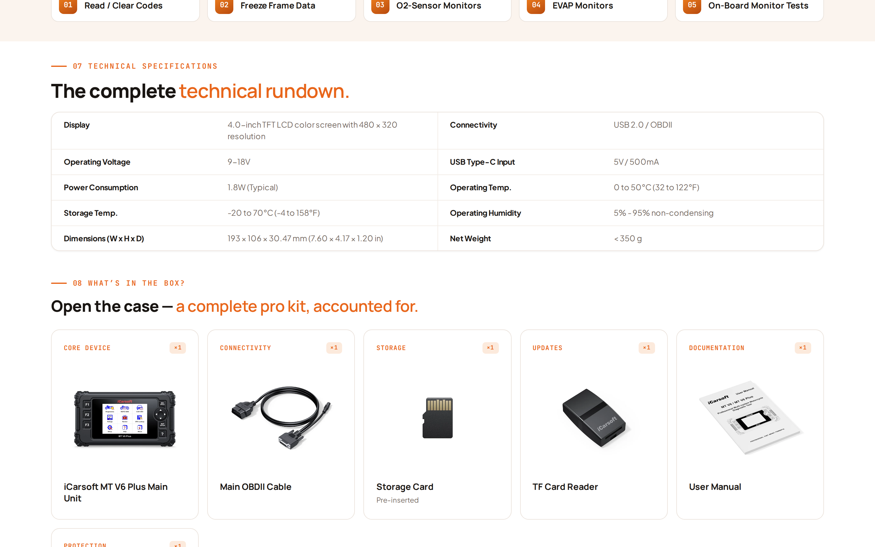 Technical specifications table listing a 4-inch TFT display, USB 2.0, 9 to 18 volt operation, power draw and weight