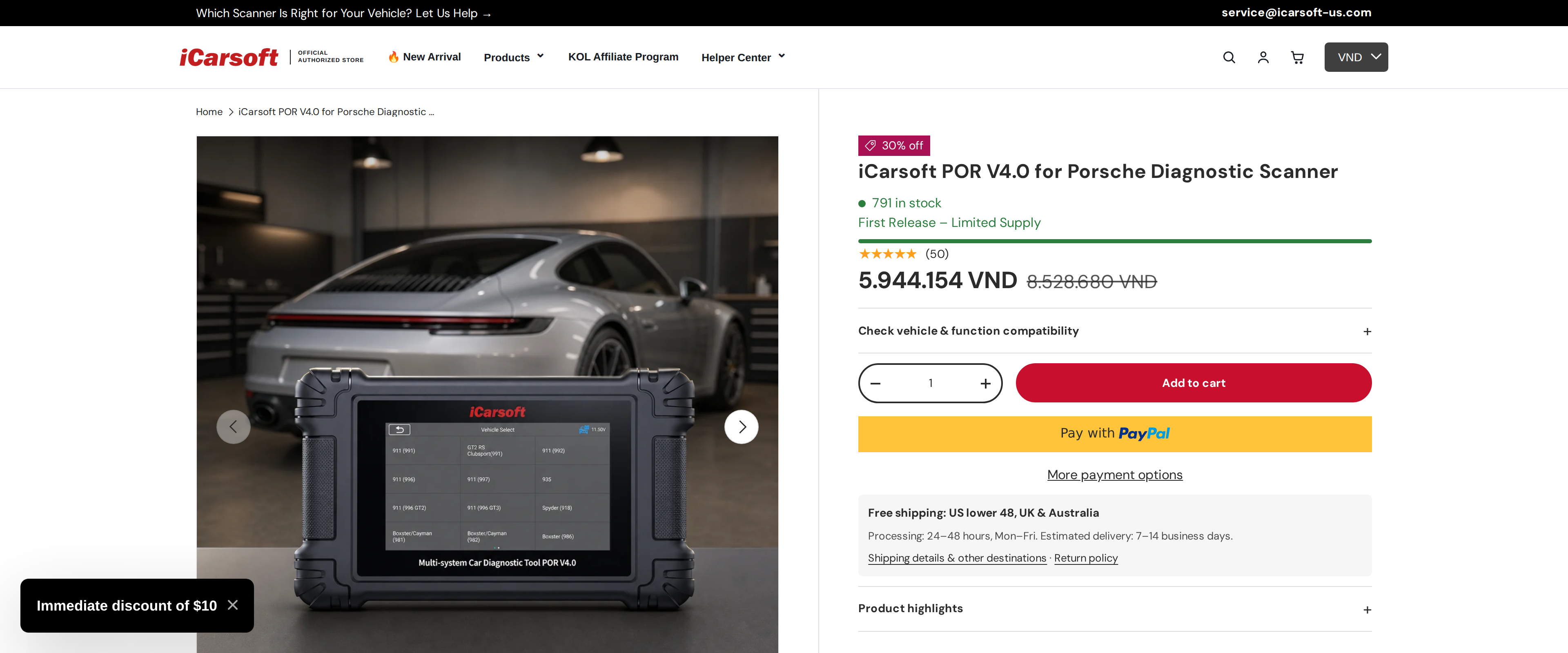 The iCarsoft POR V4.0 product page for the Porsche diagnostic scanner with gallery photos of the tool