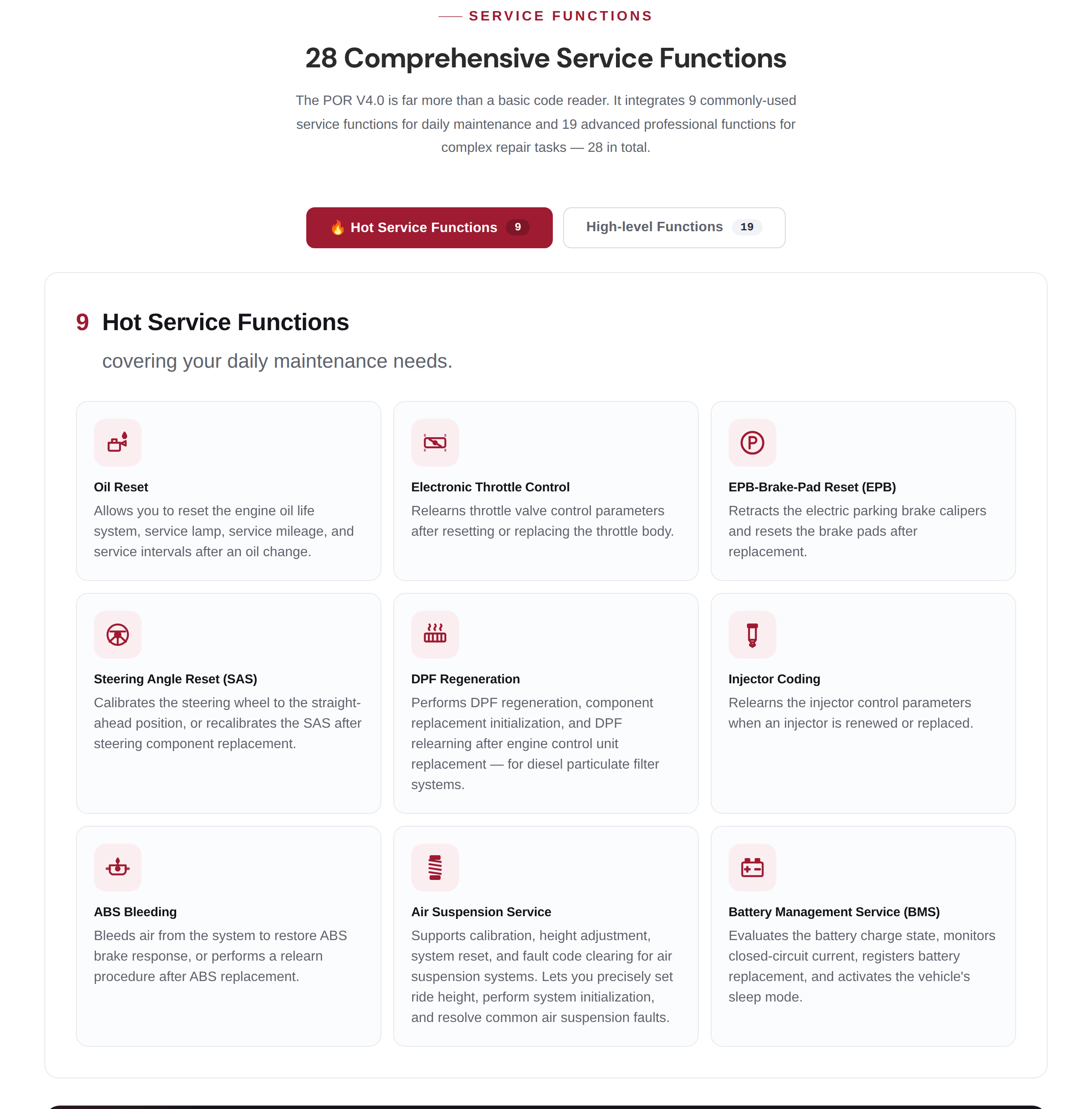 The nine hot service functions on the POR V4.0 page, such as oil reset, EPB, SAS, DPF and battery management