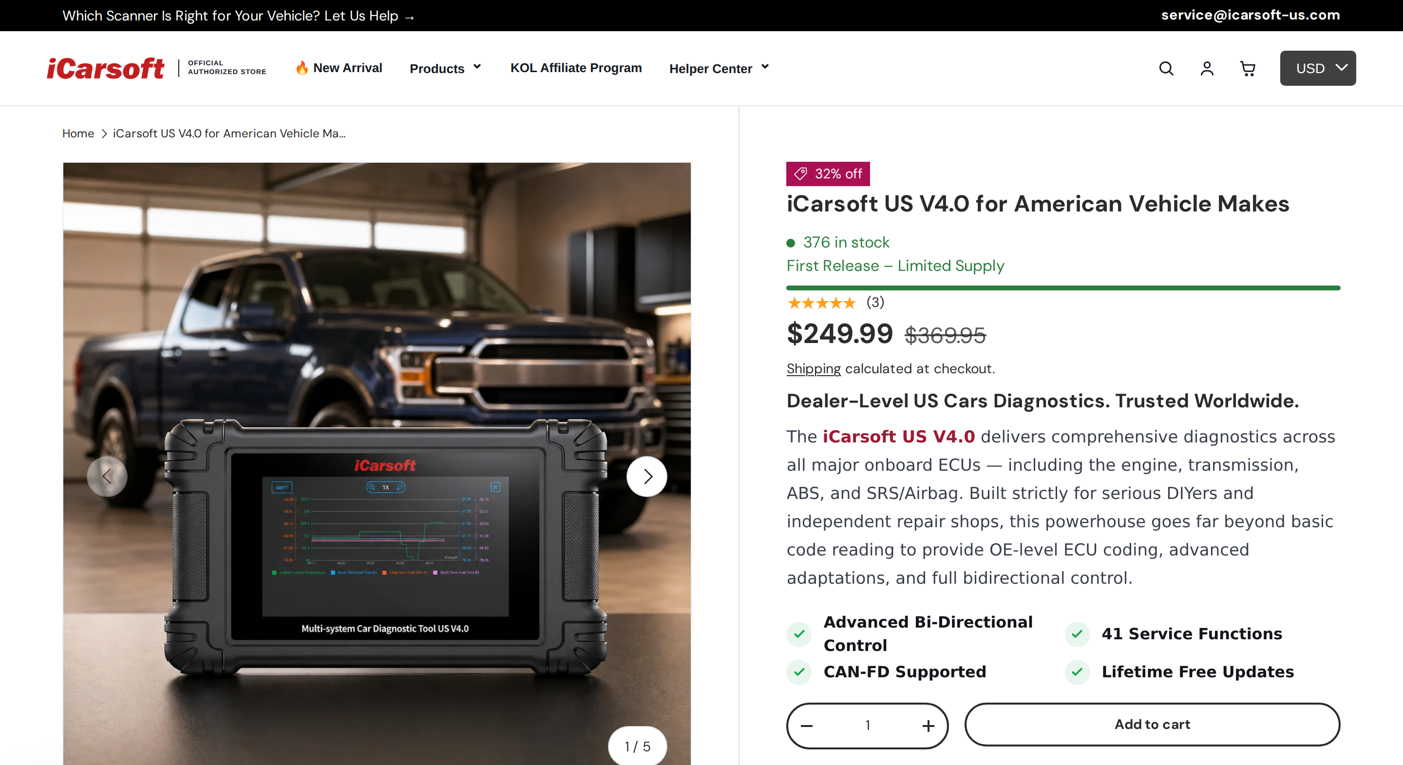 iCarsoft US V4.0 product page showing the scanner in front of a Ford pickup, with the $249.99 price and the 41 service functions badge