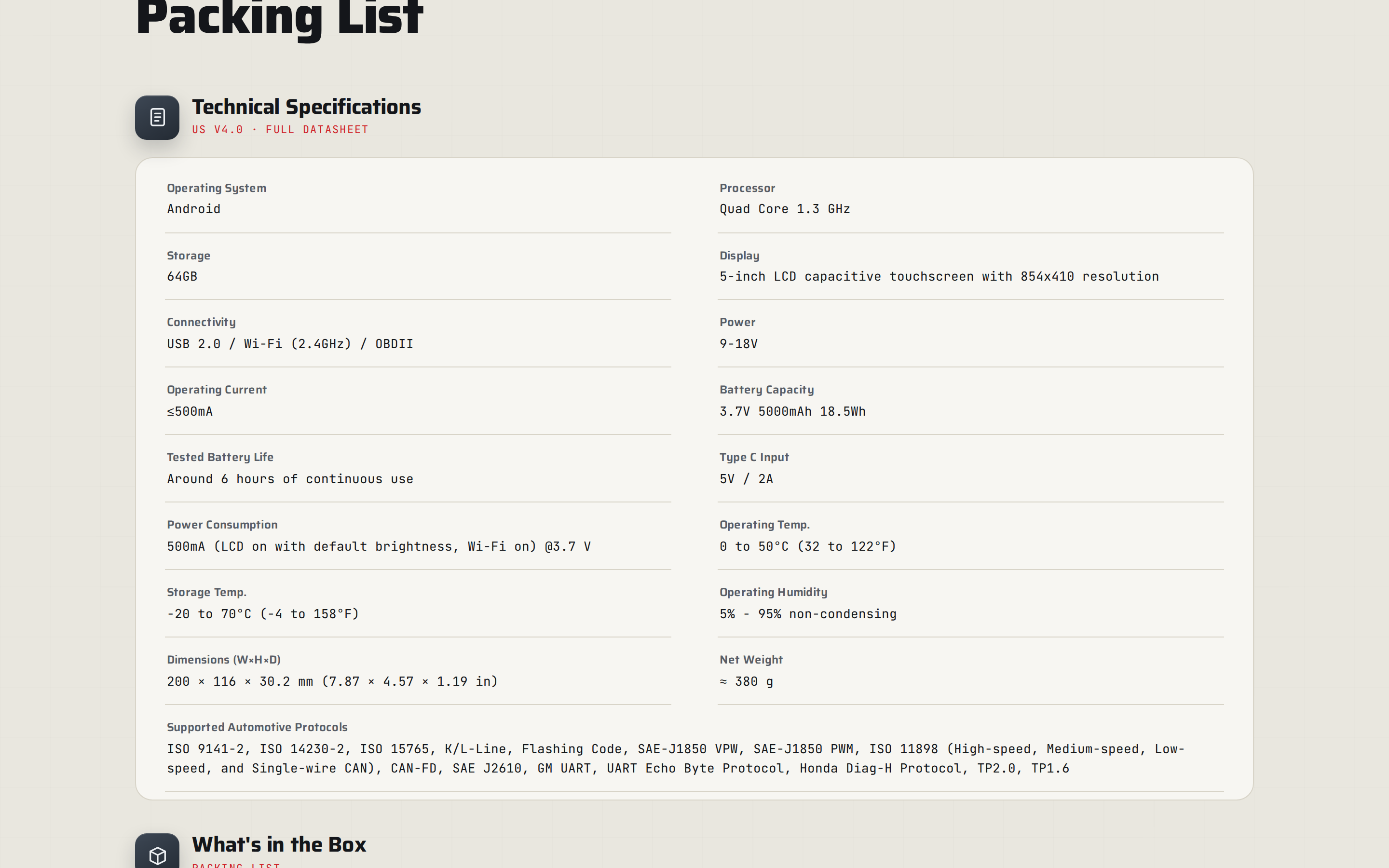 Technical specifications table listing the Android platform, 5-inch display, battery and the supported protocols