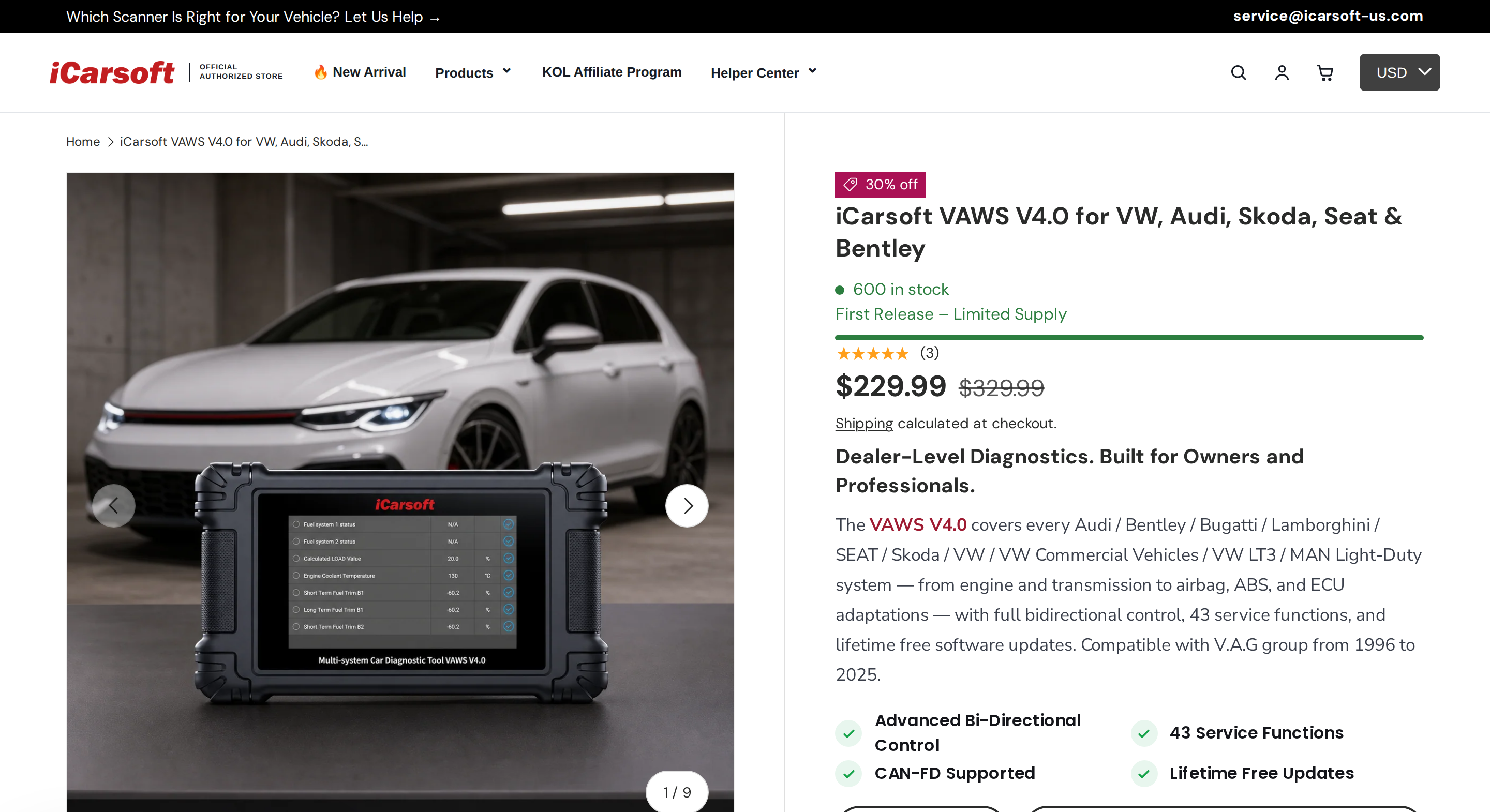 iCarsoft VAWS V4.0 product page with the scanner image, the $229.99 price and the badges for 43 service functions and CAN-FD